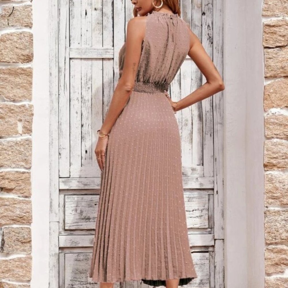 Shirred Waist Pleated Hem Swiss Dot Dress BROWN - Picture 8 of 8